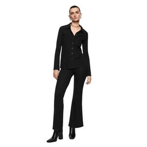 Mango Pull On Flare Pleated Knit Quiet Luxury Black Trouser Pants Size XS